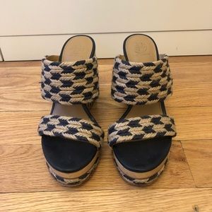 Tory Burch Navy/Tan Raffia Platform Espadrilles